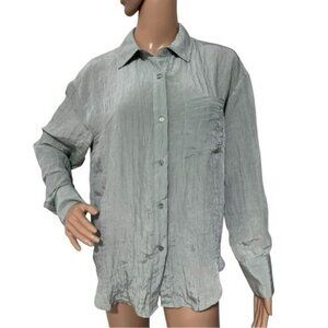 House of Harlow 1960‎ Green Satin Oversized Button-Down Shirt Size XS